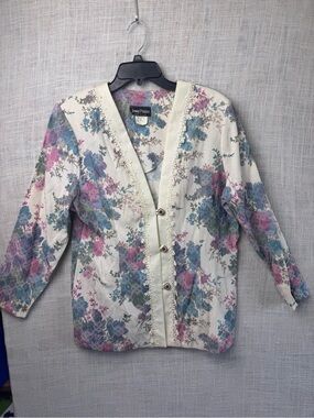 Jenny Petites Cream Floral V-Neck Cardigan Vintage